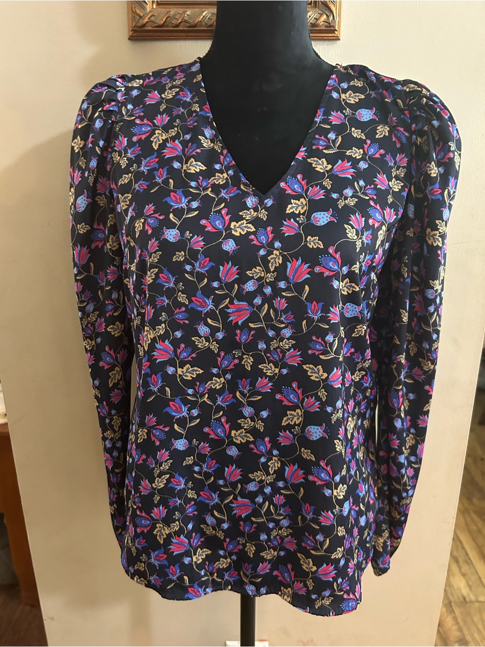 Banana Republic Women’s V-Neck Floral Blouse - Black with Pink & Blue Print